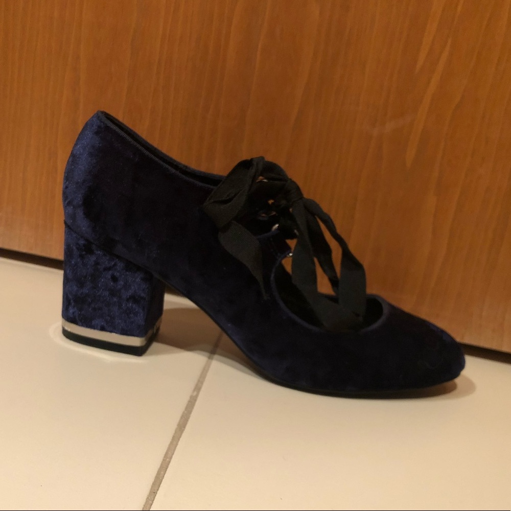 Navy Lace Up Velvet Topshop Heels